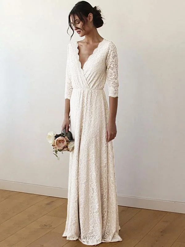 Wedding Dress Floor-Length A-Line 3/4 Length Sleeves V-Neck Lace Bridal Gowns Lace Boho Dress