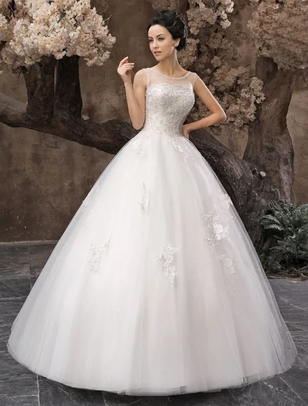 White Ball Gown Jewel Neck Beading Floor-Length Bridal Wedding Dress Lace V-neck Dress