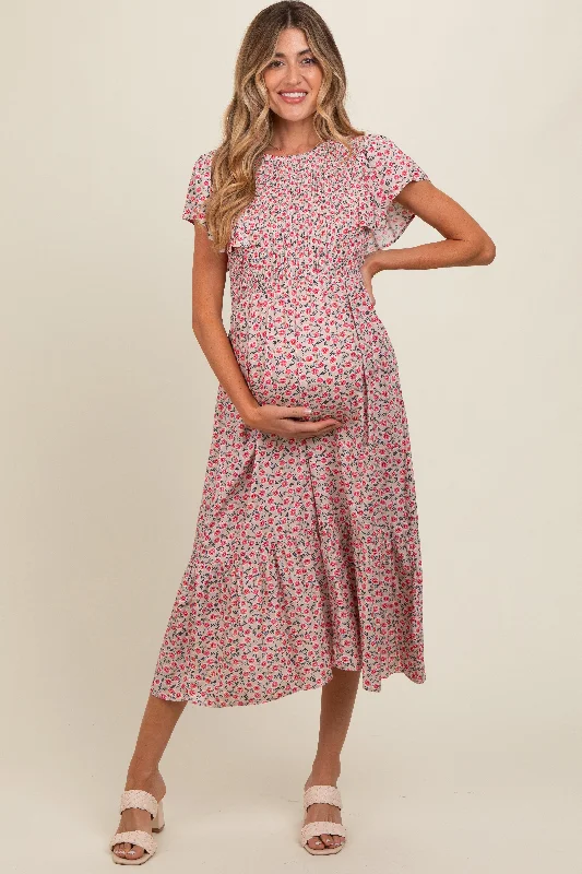 Beige Floral Smocked Maternity Midi Dress Edgy midi dresses