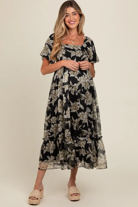 Black Floral Chiffon Ruffle Hem Maternity Midi Dress Sequin midi dresses