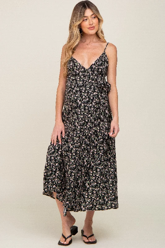 Black Floral Wrap Maternity Midi Dress Sexy midi dresses