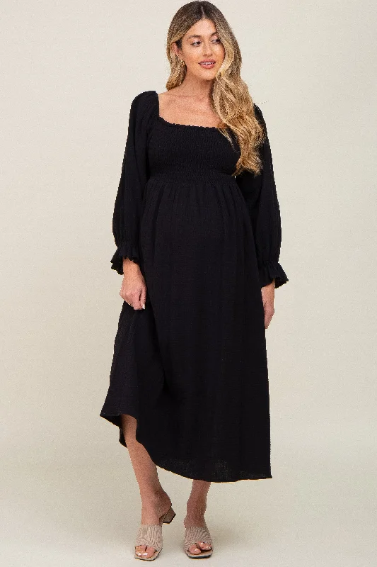 Black Gauze Smocked Maternity Midi Dress A-line midi dresses