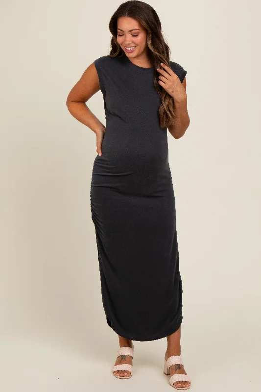 Black Ruched Side Slit Maternity Midi Dress Sexy little black midi dresses