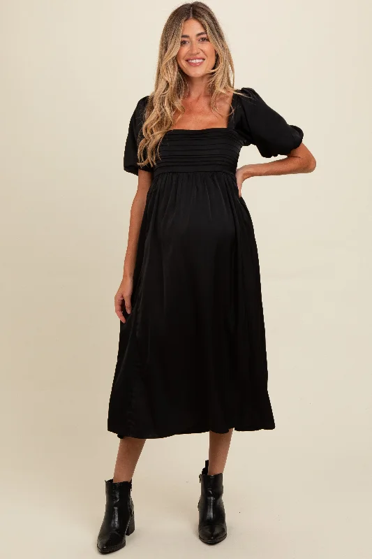 Black Satin Pleated Bodice Puff Sleeve Maternity Midi Dress Off-shoulder midi dresses