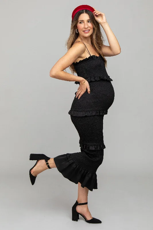 Black Satin Smocked Fitted Maternity Midi Dress Trendy midi dresses under $50