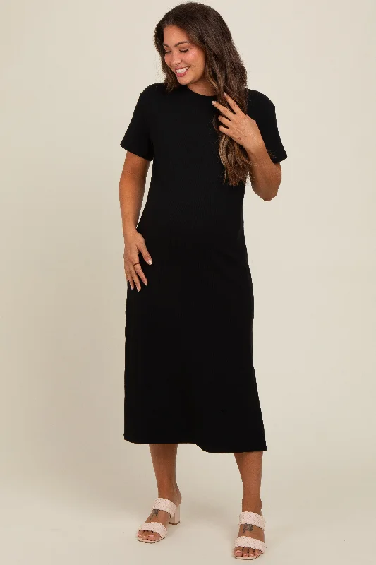 Black Short Sleeve Side Slit Maternity T-Shirt Midi Dress Sleeveless midi dresses