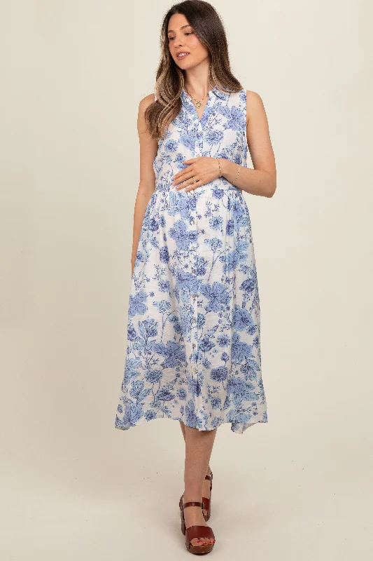 Blue Floral Printed Sleeveless Maternity Midi Shirt Dress New Year's Eve midi dresses