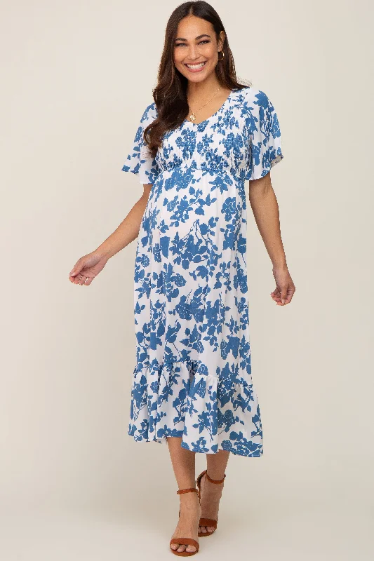 Blue Floral Smocked Maternity Midi Dress Ruffled midi dresses