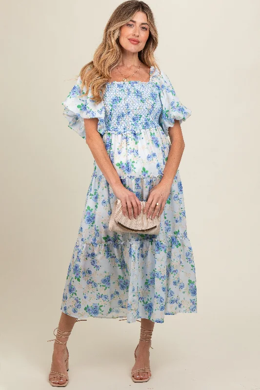 Blue Floral Smocked Puff Sleeve Maternity Midi Dress Best midi dresses for summer vacation