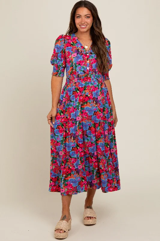 Blue Floral Smocked Waist Maternity Midi Dress Winter midi dresses