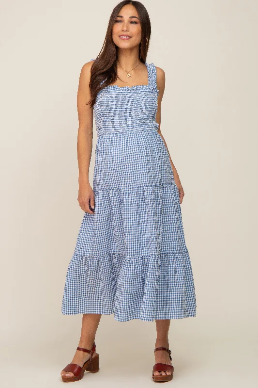 Blue Gingham Smocked Tiered Maternity Midi Dress Street style midi dresses