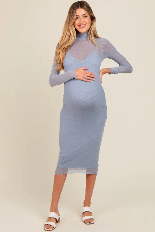 Blue Mesh Overlay Fitted Maternity Midi Dress Birthday midi dresses