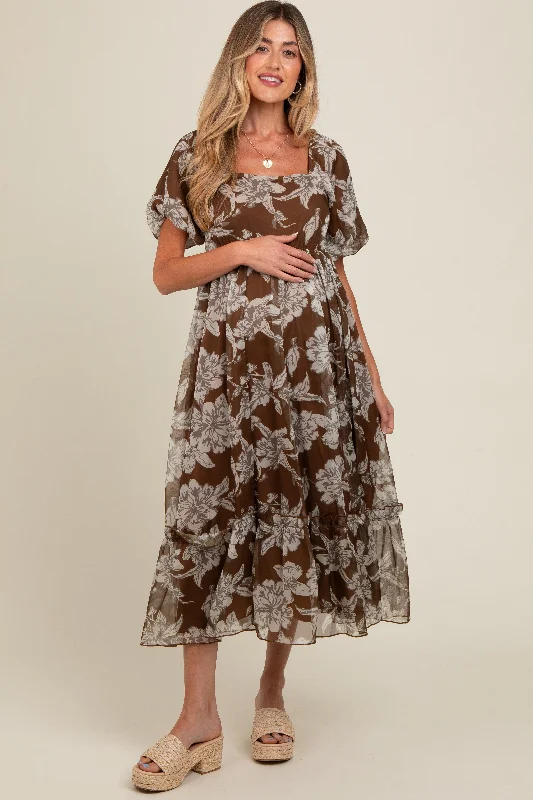 Brown Floral Chiffon Ruffle Hem Maternity Midi Dress Best midi dresses for date night