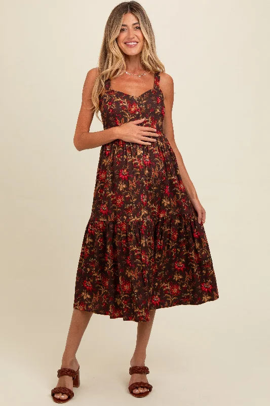 Brown Floral Sweetheart Neck Button Down Maternity Midi Dress Stretchy midi dresses