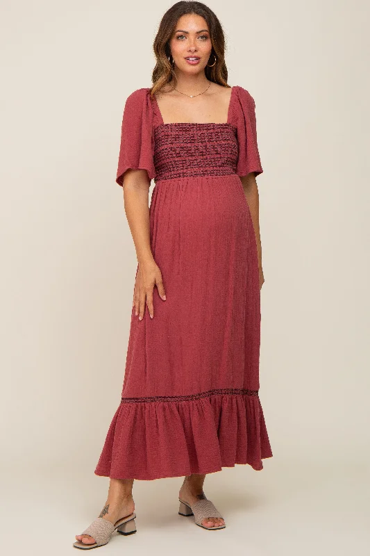 Burgundy Embroidered Smocked Square Neck Open Back Maternity Midi Dress Knitted midi dresses