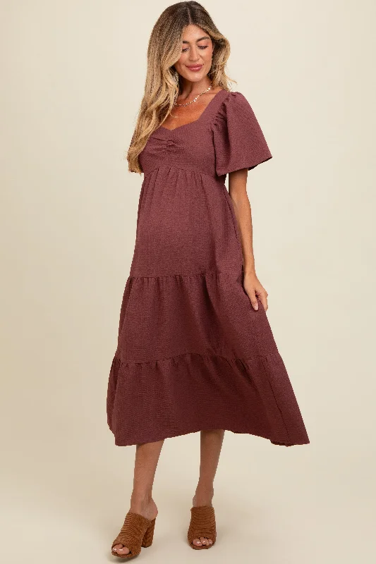 Burgundy Sweetheart Neck Short Puff Sleeve Tiered Maternity Midi Dress Leather midi dresses