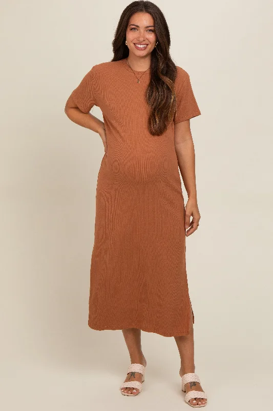 Camel Short Sleeve Side Slit Maternity T-Shirt Midi Dress Summer midi dresses