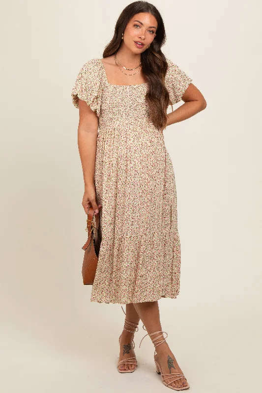 Cream Floral Smocked Maternity Midi Dress Fall midi dresses