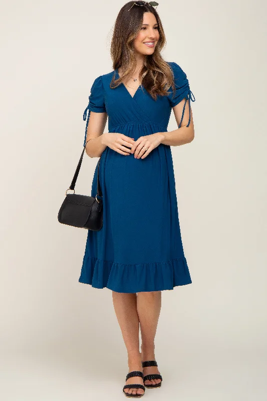 Deep Teal Cinched Sleeve Maternity Midi Dress Chiffon midi dresses