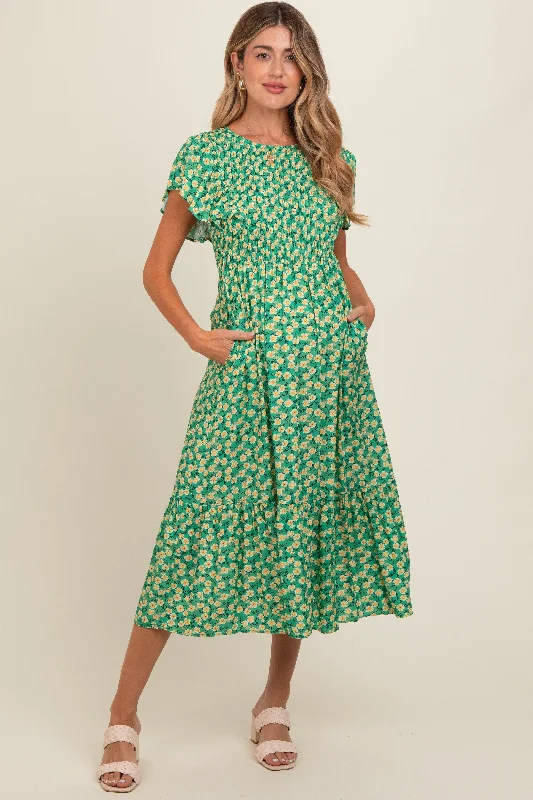 Green Floral Smocked Maternity Midi Dress Office midi dresses