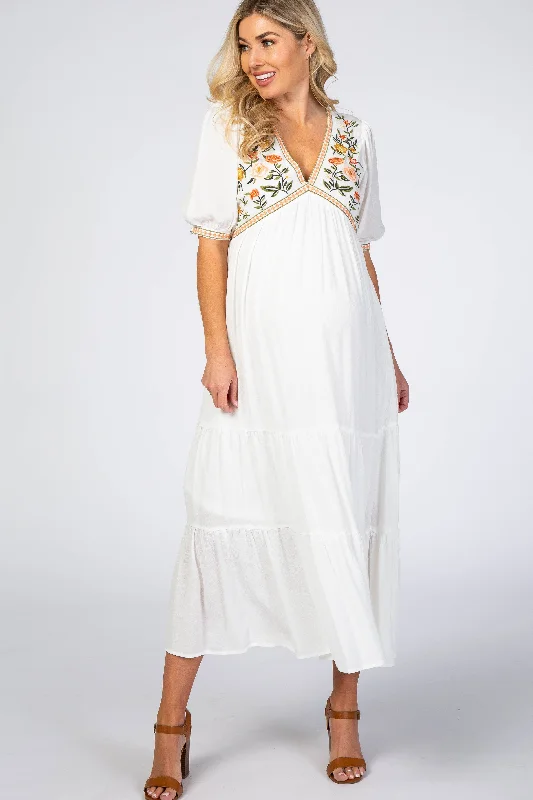 Ivory Floral Embroidered Maternity Midi Dress Prom midi dresses