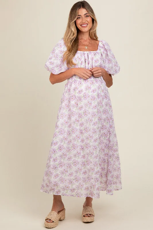 Lavender Floral Puff Sleeve Maternity Midi Dress Vintage midi dresses