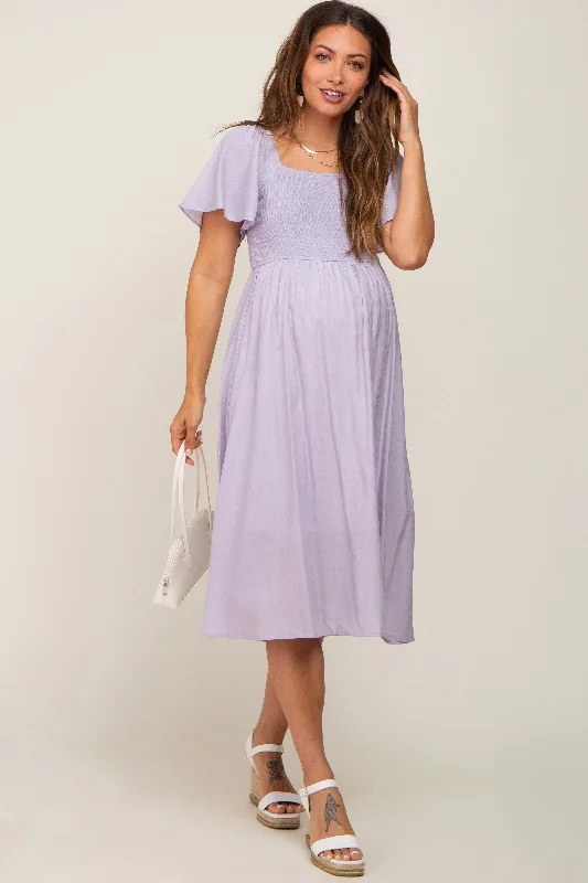 Lavender Smocked Square Neck Flutter Short Sleeve Maternity Midi Dress Vacation midi dresses