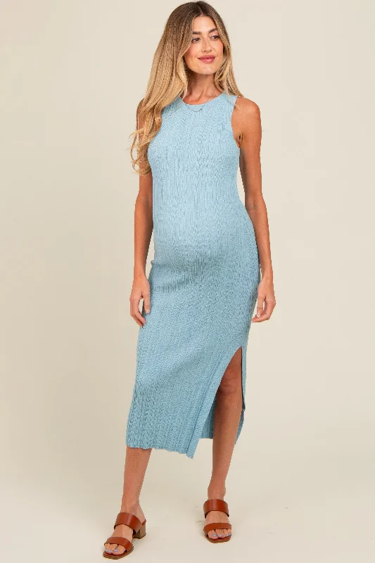 Light Blue Ribbed Side Slit Sleeveless Maternity Midi Dress Beach midi dresses