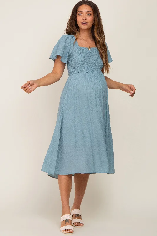 Light Blue Smocked Square Neck Flutter Short Sleeve Maternity Midi Dress Street style midi dresses