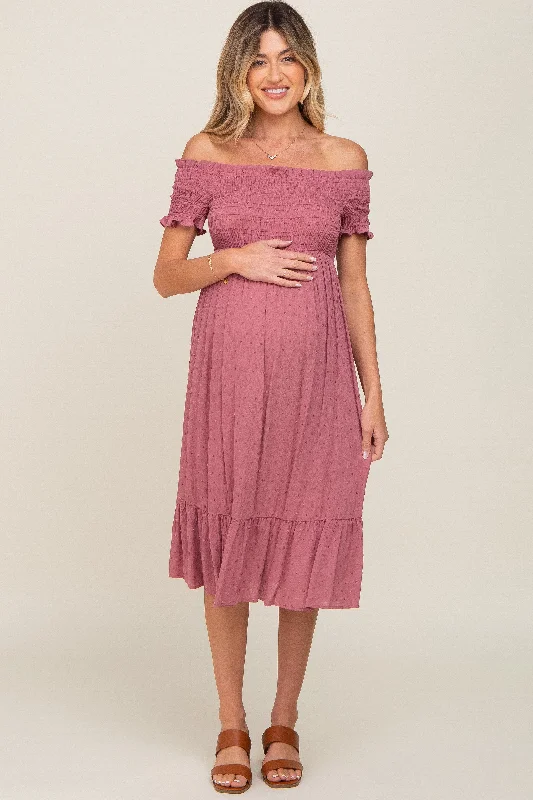 Mauve Off Shoulder Smocked Maternity Midi Dress Must-have midi dresses for this season