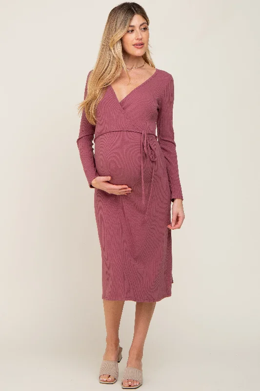 Mauve Rib Knit Long Sleeve Maternity Wrap Midi Dress PrettyLittleThing midi dresses