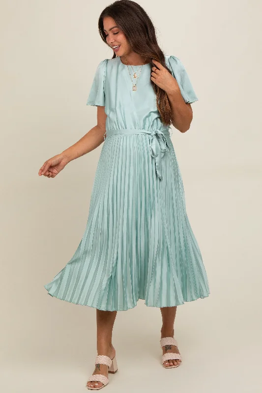 Mint Green Satin Pleated Sash Tie Maternity Midi Dress Elegant midi dresses