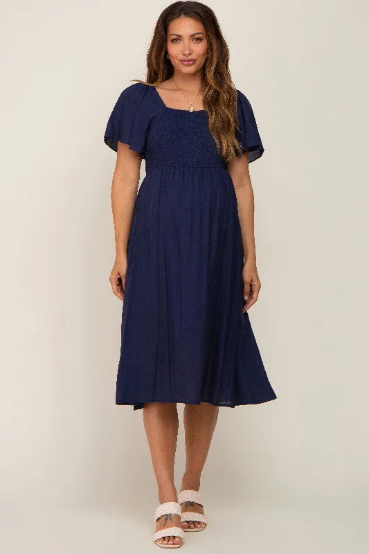 Navy Blue Smocked Square Neck Flutter Short Sleeve Maternity Midi Dress Shein midi dresses