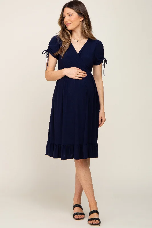 Navy Cinched Sleeve Maternity Midi Dress Cute floral print midi dresses