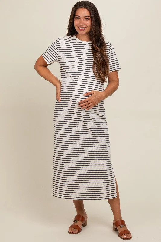 Navy Striped Short Sleeve Maternity T-Shirt Midi Dress Stretchy midi dresses