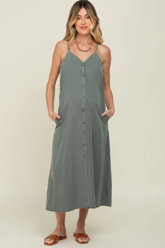 Olive Button Down Maternity Midi Tank Dress Y2K midi dresses