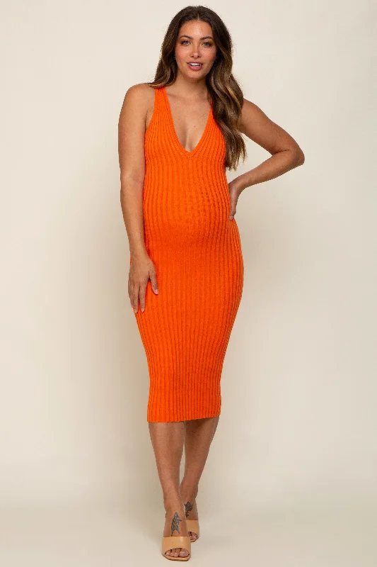 Orange Ribbed Knit Fitted V-Neck Maternity Midi Dress Cotton midi dresses