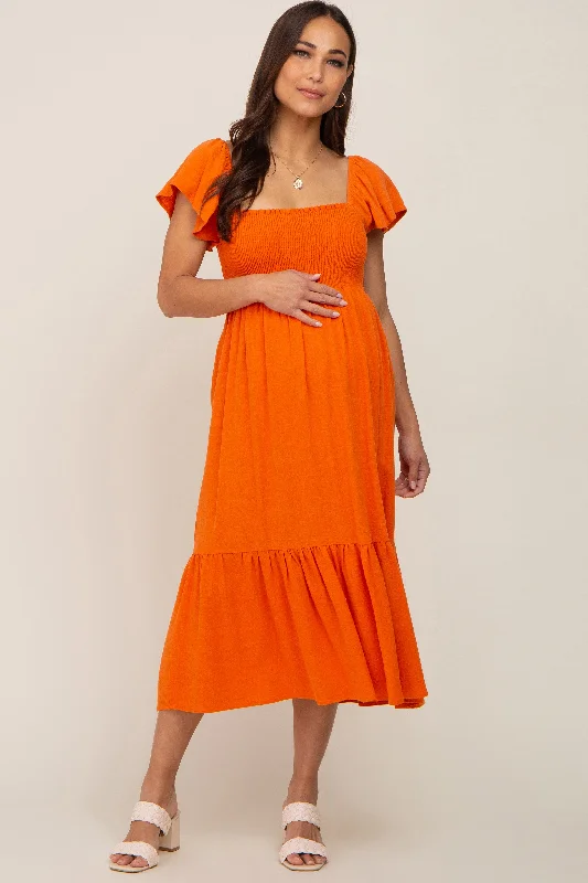 Orange Smocked Ruffle Hem Maternity Midi Dress Cheap midi dresses