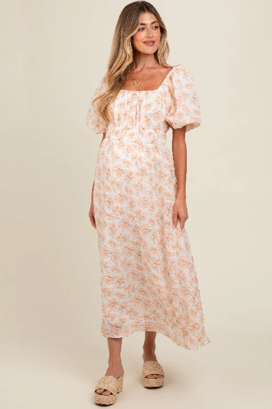 Peach Floral Puff Sleeve Maternity Midi Dress Expensive midi dresses