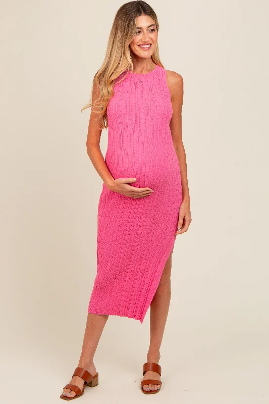 Pink Ribbed Side Slit Sleeveless Maternity Midi Dress Boohoo midi dresses