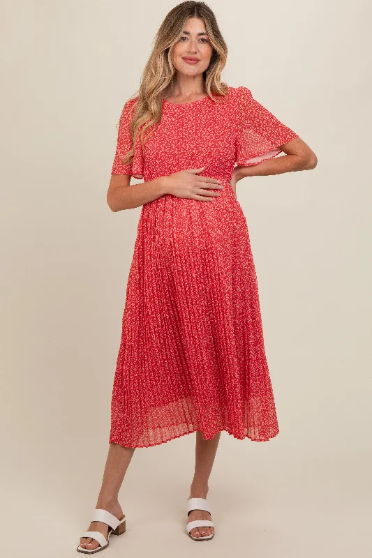 Red Floral Pleated Maternity Midi Dress Best midi dresses for casual wear