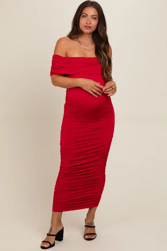 Red Off Shoulder Ruched Maternity Midi Dress Red carpet midi dresses