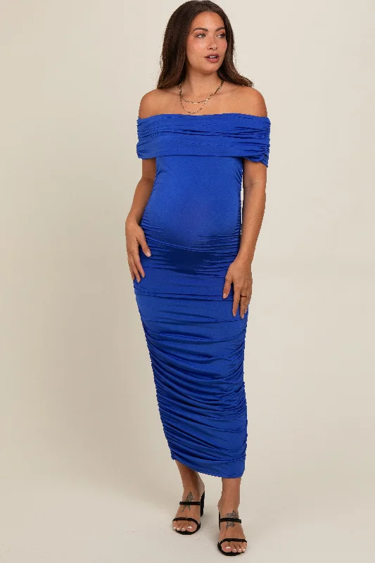 Royal Blue Off Shoulder Ruched Maternity Midi Dress Best midi dresses for elegant looks