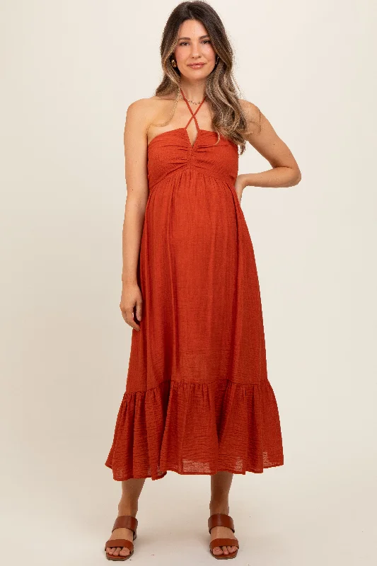 Rust Halter Maternity Midi Dress PrettyLittleThing midi dresses