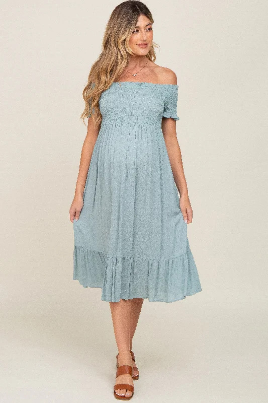 Sage Off Shoulder Smocked Maternity Midi Dress Spring midi dresses