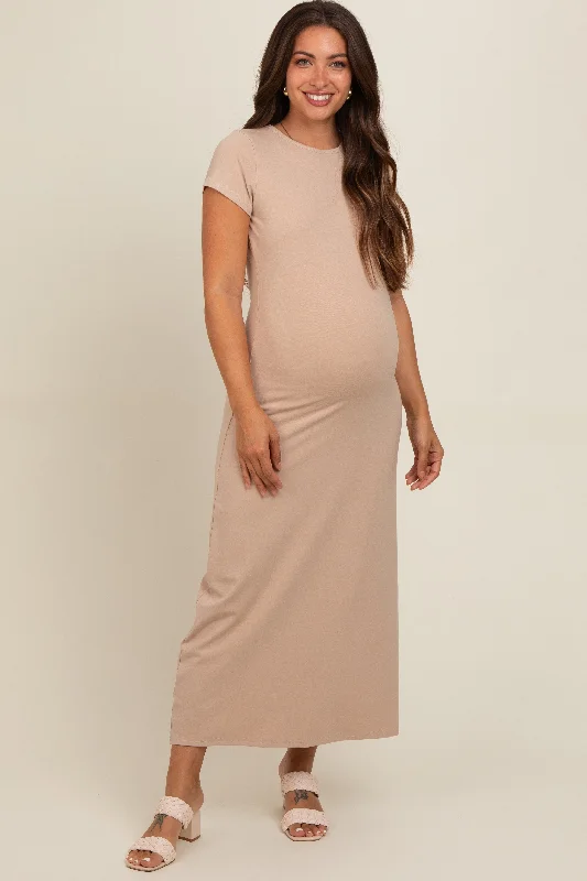 Taupe Short Sleeve Maternity Midi T-Shirt Dress Halter midi dresses