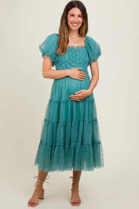 Teal Smocked Tiered Tulle Maternity Midi Dress Luxury midi dresses