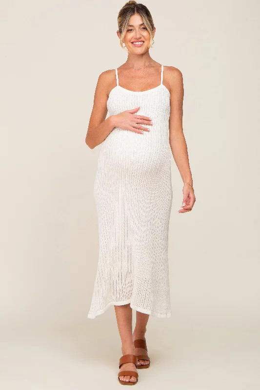 White Open Knit Crochet Maternity Midi Dress Festival midi dresses