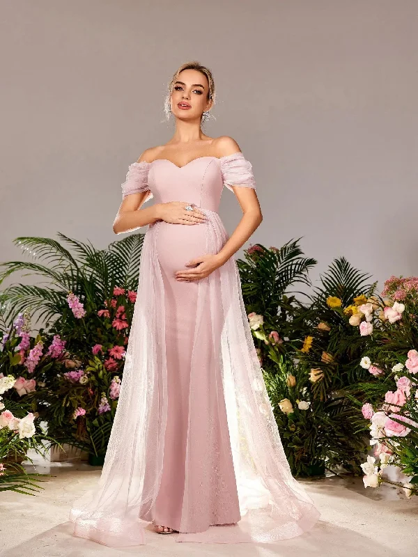 Maternity Off Shoulder Mermaid Hem Mesh Overlay Evening Dress Best party dresses for formal events