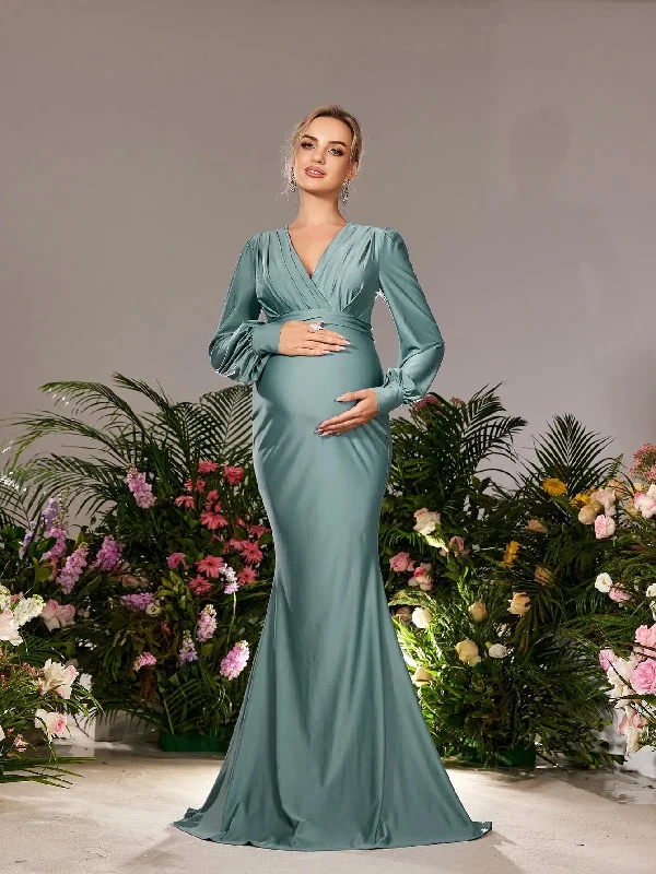 Maternity V Neck Bishop Sleeves Mermaid Hem Evening Dress Men's party outfits